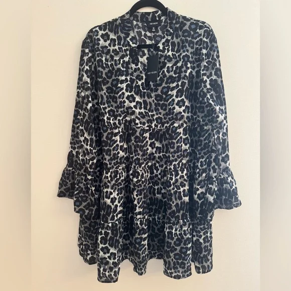 HEYSON Leopard Print Babydoll Dress NWT Women’s 1XL Long Sleeve Tiered Mini - Picture 2 of 7